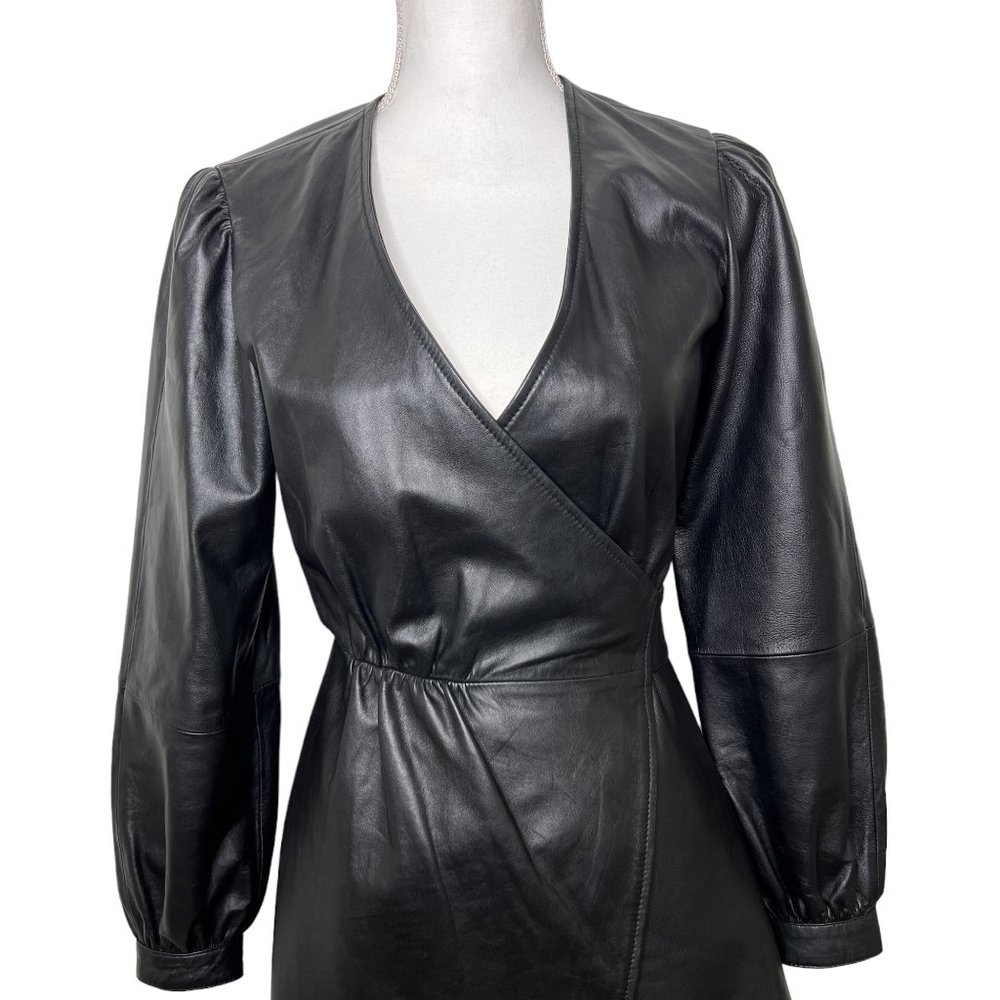 Maje Rosetola Long Sleeve Leather Wrap Dress Black Size 1 - Picture 6 of 17